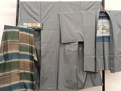 平和屋着物●男性　本場縞大島紬　アンサンブル　長襦袢（袷）セット　井田哲則作　格子　証紙付き　正絹　逸品　未使用　BAAX2865hv