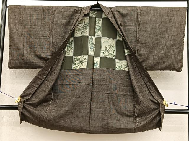 平和屋着物■男性　紬　アンサンブル　格子　正絹　逸品　BAAX2877hv