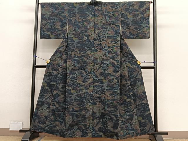 平和屋着物■上質な小紋　紬地　切嵌風景文　正絹　逸品　BAAX2884hv