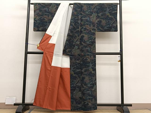 平和屋着物■上質な小紋　紬地　切嵌風景文　正絹　逸品　BAAX2884hv