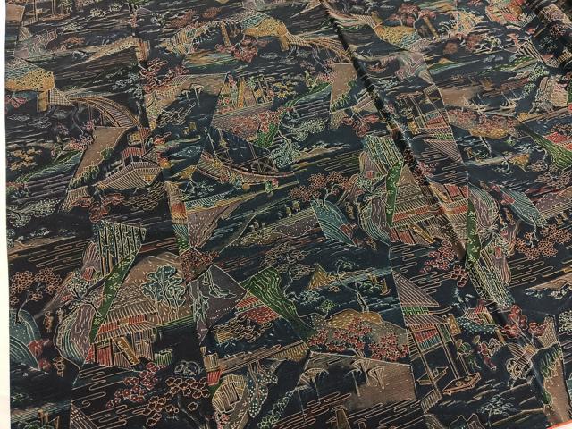 平和屋着物■上質な小紋　紬地　切嵌風景文　正絹　逸品　BAAX2884hv