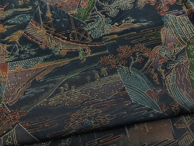 平和屋着物■上質な小紋　紬地　切嵌風景文　正絹　逸品　BAAX2884hv