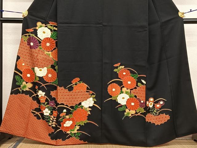 平和屋着物■訪問着　雲取り菊花文　黒地　金彩　正絹　逸品　BAAX2930hv