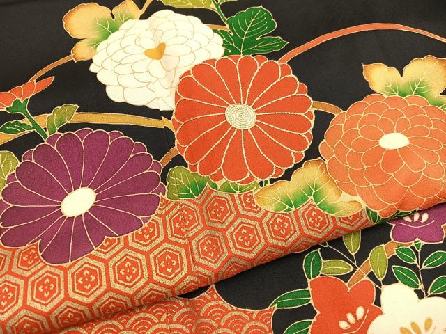 平和屋着物■訪問着　雲取り菊花文　黒地　金彩　正絹　逸品　BAAX2930hv