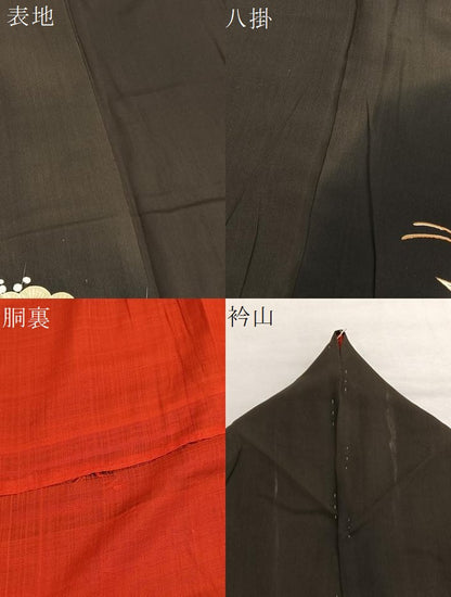平和屋着物●アンティーク　大正ロマン　黒留袖　駒刺繍　御所車檜扇花文　金彩　正絹　逸品　BAAX2945hv