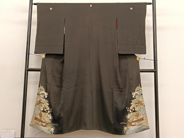 平和屋着物●アンティーク　大正ロマン　黒留袖　駒刺繍　御所車檜扇花文　金彩　正絹　逸品　BAAX2945hv