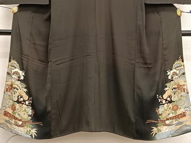 平和屋着物●アンティーク　大正ロマン　黒留袖　駒刺繍　御所車檜扇花文　金彩　正絹　逸品　BAAX2945hv