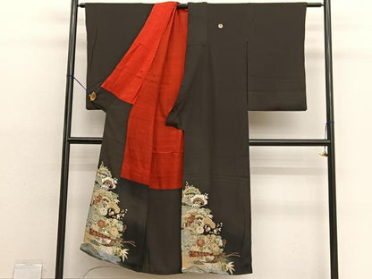 平和屋着物●アンティーク　大正ロマン　黒留袖　駒刺繍　御所車檜扇花文　金彩　正絹　逸品　BAAX2945hv