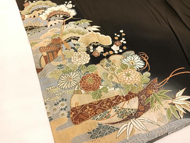 平和屋着物●アンティーク　大正ロマン　黒留袖　駒刺繍　御所車檜扇花文　金彩　正絹　逸品　BAAX2945hv