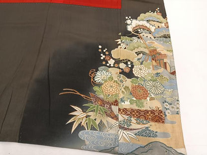 平和屋着物●アンティーク　大正ロマン　黒留袖　駒刺繍　御所車檜扇花文　金彩　正絹　逸品　BAAX2945hv