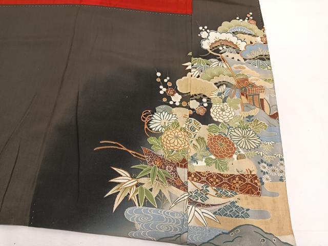 平和屋着物●アンティーク　大正ロマン　黒留袖　駒刺繍　御所車檜扇花文　金彩　正絹　逸品　BAAX2945hv