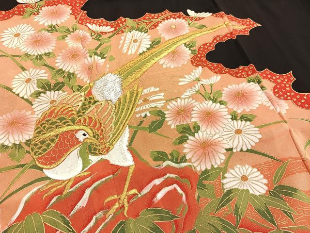 平和屋着物■豪華黒留袖　刺繍　尾長鳥花文　金彩　正絹　逸品　未使用　BAAX2950hv