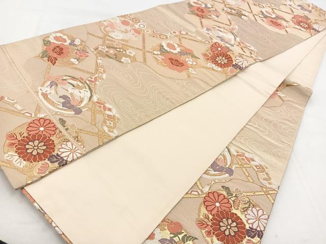 平和屋着物◎六通柄袋帯　唐織　流水花丸文　金糸　正絹　逸品　BAAX3006yc