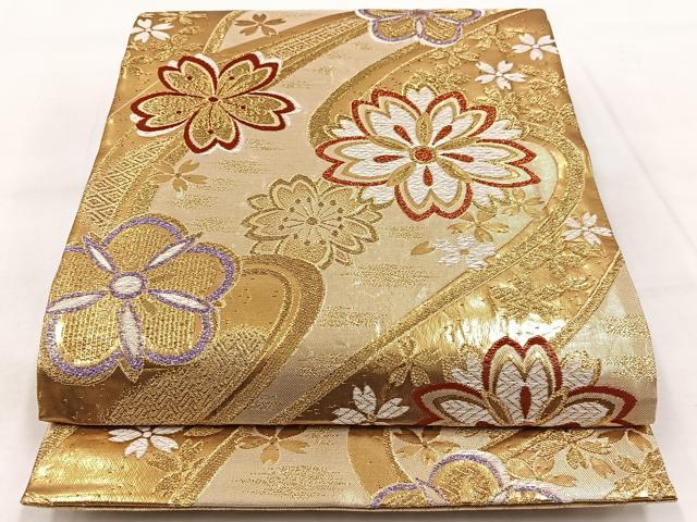 平和屋着物◎佐賀錦　六通柄袋帯　唐織　流水花文　金糸　正絹　逸品　BAAX3007yc