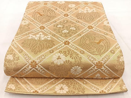 平和屋着物◎六通柄袋帯 唐織 鳳凰格天井花文 金糸 正絹 逸品 BAAX3008yc