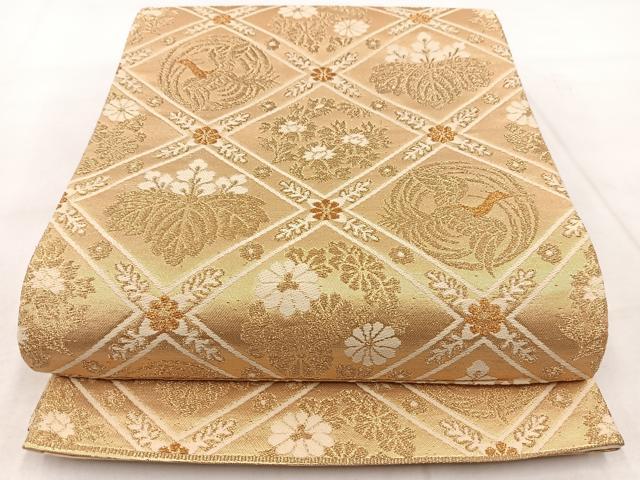 平和屋着物◎六通柄袋帯 唐織 鳳凰格天井花文 金糸 正絹 逸品 BAAX3008yc