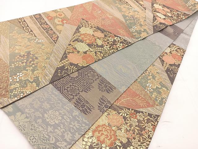 平和屋着物◎両面　六通柄袋帯　切嵌草花文　金銀糸　正絹　逸品　BAAX3009yc