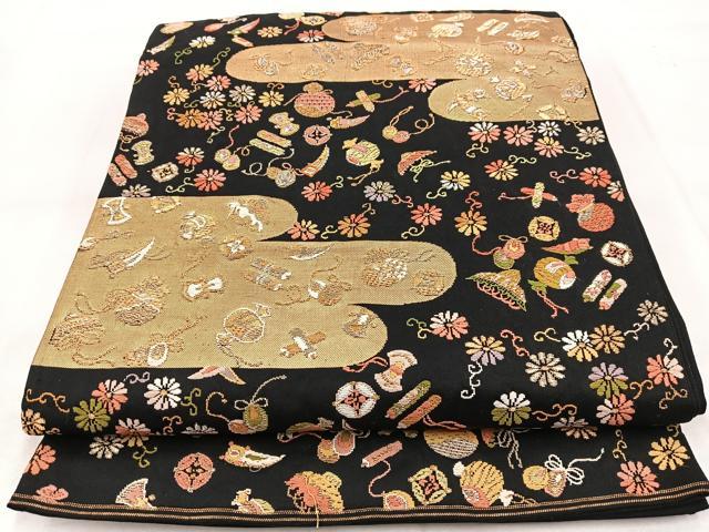 平和屋着物◎六通柄袋帯　唐織　エ霞宝尽くし花文　黒地　金銀彩　正絹　逸品　BAAX3019yc