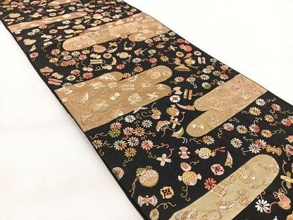 平和屋着物◎六通柄袋帯　唐織　エ霞宝尽くし花文　黒地　金銀彩　正絹　逸品　BAAX3019yc