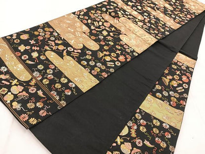 平和屋着物◎六通柄袋帯　唐織　エ霞宝尽くし花文　黒地　金銀彩　正絹　逸品　BAAX3019yc