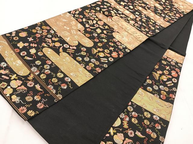 平和屋着物◎六通柄袋帯　唐織　エ霞宝尽くし花文　黒地　金銀彩　正絹　逸品　BAAX3019yc