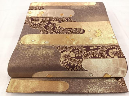 平和屋着物◎六通柄袋帯　エ霞更紗花文　金糸　正絹　逸品　BAAX3022yc