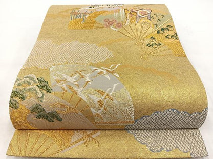 平和屋着物◎六通柄袋帯　飛鶴扇面風景花文　金銀糸　引箔　正絹　逸品　BAAX3023yc