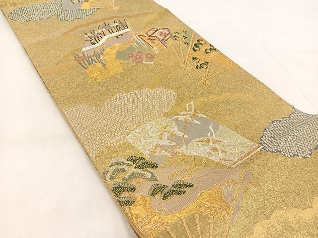 平和屋着物◎六通柄袋帯　飛鶴扇面風景花文　金銀糸　引箔　正絹　逸品　BAAX3023yc