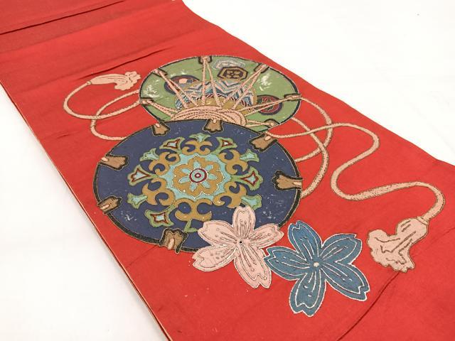 平和屋着物◎アンティーク　大正ロマン　両面　太鼓柄　京袋帯　鼓花文　金銀彩　正絹　逸品　BAAX3044yc