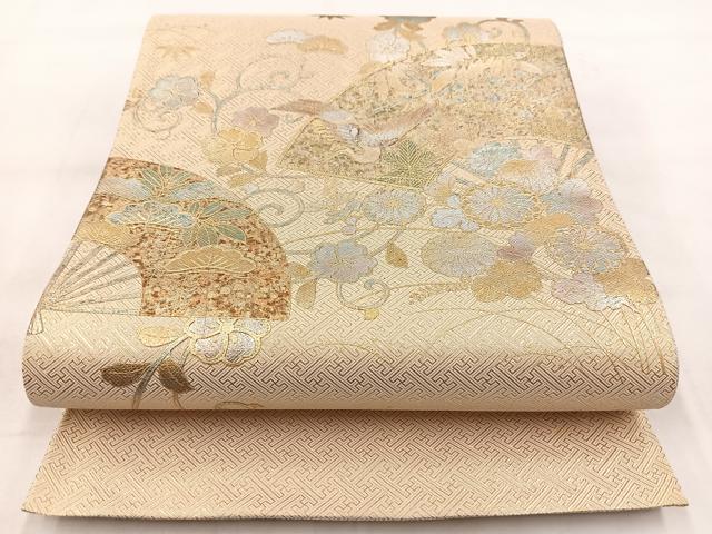 平和屋着物◎佐賀錦　太鼓柄袋帯　螺鈿　飛鶴扇面花文　松竹梅　金銀彩　三越扱い　正絹　逸品　BAAX3045yc
