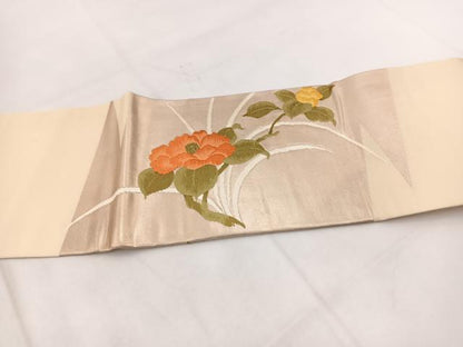 平和屋着物◎九寸名古屋帯　唐織　草花文　金糸　引箔　正絹　逸品　BAAX3052yc