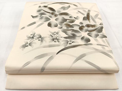 平和屋着物◎塩瀬　九寸開き名古屋帯　手描き　草花文　正絹　逸品　BAAX3055yc