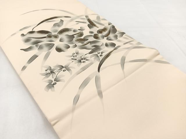 平和屋着物◎塩瀬　九寸開き名古屋帯　手描き　草花文　正絹　逸品　BAAX3055yc
