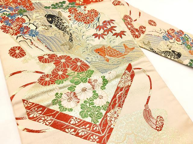 平和屋着物◎アンティーク　大正ロマン　九寸名古屋帯　唐織　地紙鯉花文　金糸　正絹　逸品　BAAX3056yc
