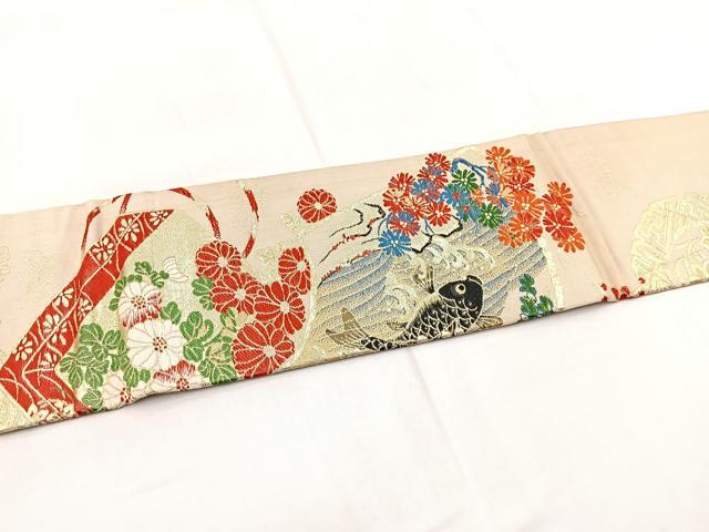 平和屋着物◎アンティーク　大正ロマン　九寸名古屋帯　唐織　地紙鯉花文　金糸　正絹　逸品　BAAX3056yc