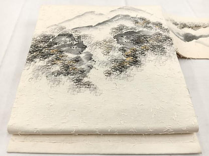 平和屋着物◎九寸名古屋帯　作家物　手描き　髭紬地　遠山風景文　金彩　正絹　逸品　BAAX3059yc