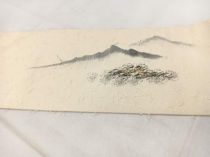 平和屋着物◎九寸名古屋帯　作家物　手描き　髭紬地　遠山風景文　金彩　正絹　逸品　BAAX3059yc