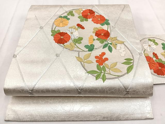 平和屋着物◎九寸名古屋帯　銀駒刺繍　花丸文　金銀糸　正絹　逸品　BAAX3065yc
