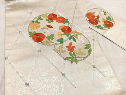 平和屋着物◎九寸名古屋帯　銀駒刺繍　花丸文　金銀糸　正絹　逸品　BAAX3065yc