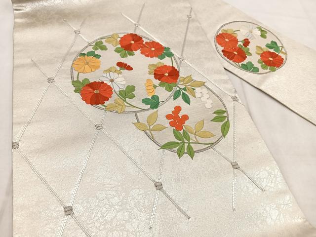 平和屋着物◎九寸名古屋帯　銀駒刺繍　花丸文　金銀糸　正絹　逸品　BAAX3065yc