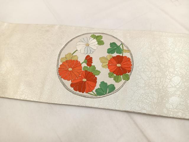 平和屋着物◎九寸名古屋帯　銀駒刺繍　花丸文　金銀糸　正絹　逸品　BAAX3065yc