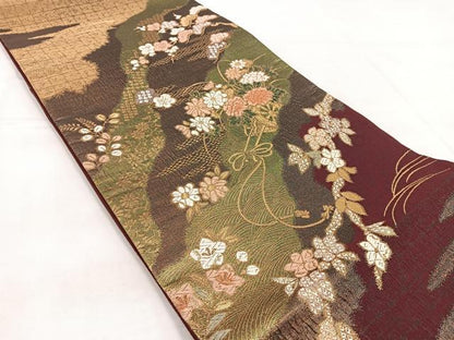 平和屋着物◎六通柄袋帯　道長花車文　金糸　正絹　逸品　BAAX3066yc