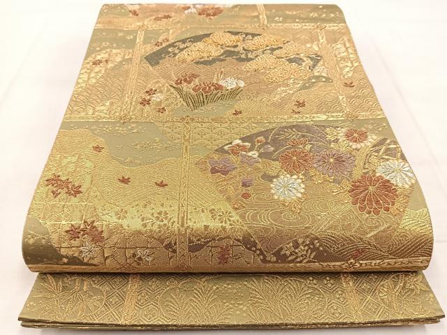 平和屋着物◎両面　六通柄袋帯　飾棚扇花文　金銀糸　正絹　逸品　BAAX3067yc