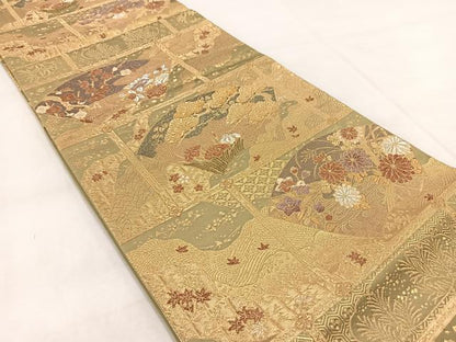 平和屋着物◎両面　六通柄袋帯　飾棚扇花文　金銀糸　正絹　逸品　BAAX3067yc