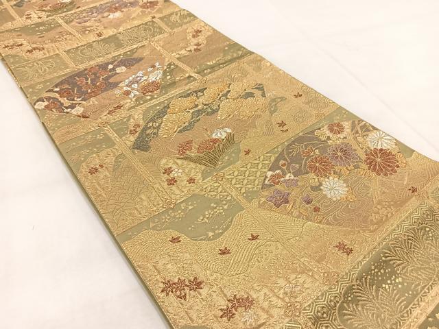 平和屋着物◎両面　六通柄袋帯　飾棚扇花文　金銀糸　正絹　逸品　BAAX3067yc