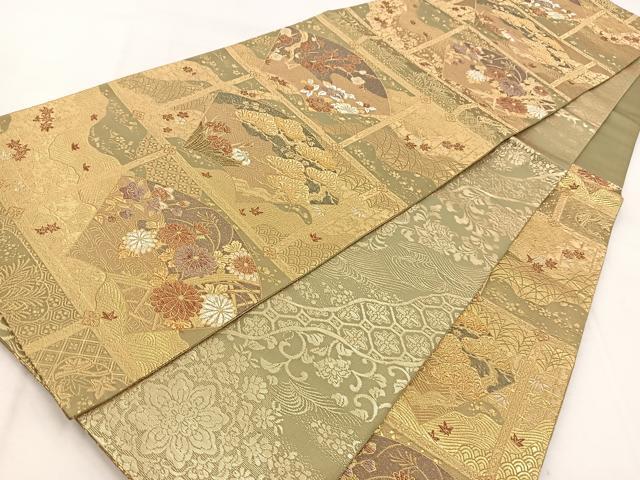 平和屋着物◎両面　六通柄袋帯　飾棚扇花文　金銀糸　正絹　逸品　BAAX3067yc