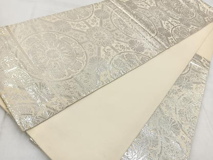 平和屋着物◎六通柄袋帯　嵐山　純銀箔　幾何学花文　正絹　逸品　BAAX3074yc