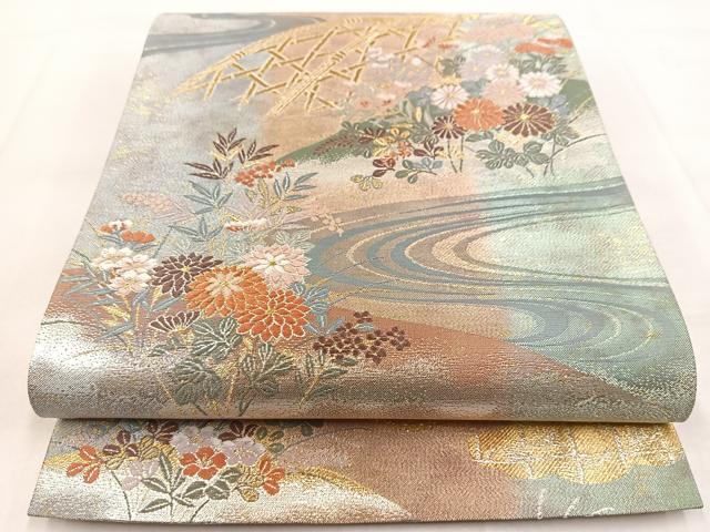 平和屋着物◎六通柄袋帯　唐織　流水花文　金糸　引箔　正絹　逸品　BAAX3079yc