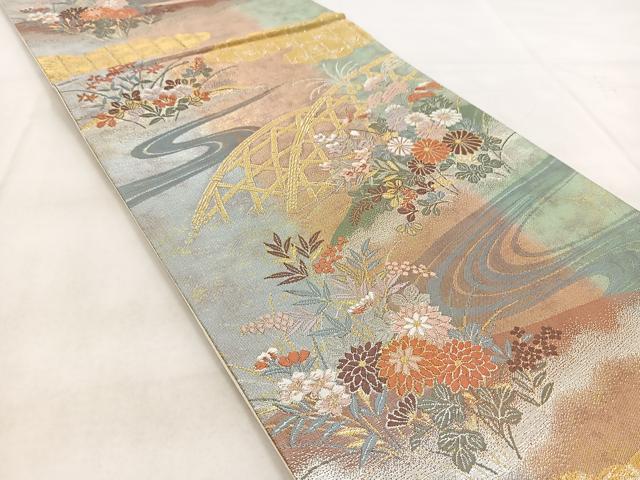 平和屋着物◎六通柄袋帯　唐織　流水花文　金糸　引箔　正絹　逸品　BAAX3079yc