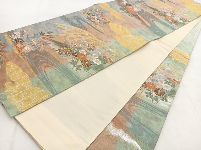 平和屋着物◎六通柄袋帯　唐織　流水花文　金糸　引箔　正絹　逸品　BAAX3079yc